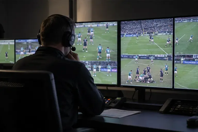 A video official watches rugby match footage on several monitors in a dark operations room