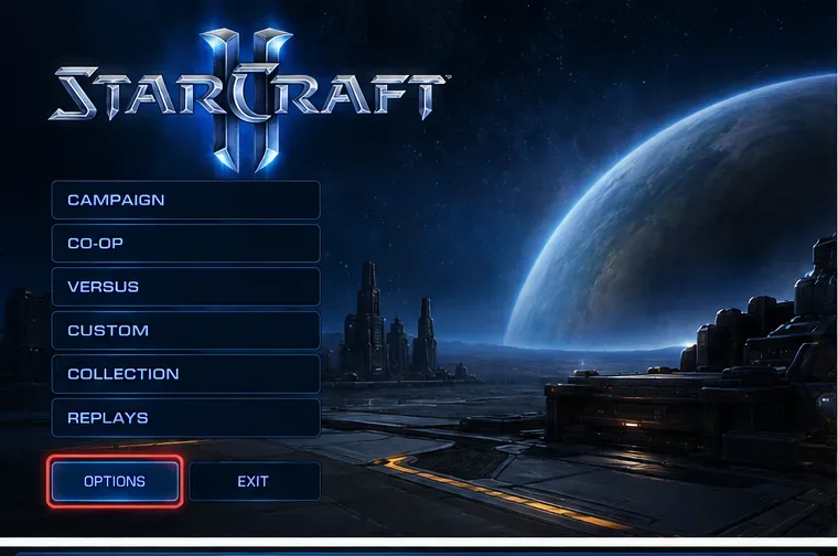 Menú principal de StarCraft II con el botón Opciones resaltado cerca de la parte inferior izquierda.