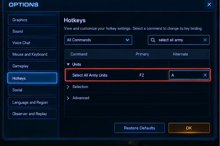 Cómo añadir una tecla de acceso rápido alternativa para seleccionar todo el ejército en StarCraft II