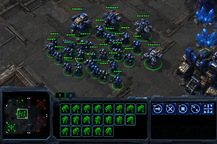 Campo de batalla de StarCraft II con muchas unidades de combate Terran seleccionadas a la vez y sus retratos mostrados en el panel de selección.