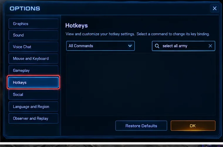 Ventana de opciones de StarCraft II con la sección de teclas de acceso rápido resaltada y un campo de búsqueda para seleccionar todo el ejército.
