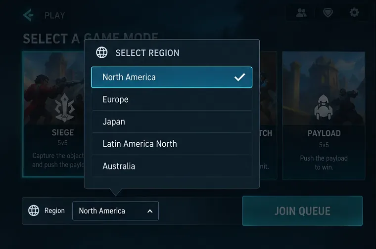 Menú regional al estilo Paladins que muestra Norteamérica, Europa, Japón, Latinoamérica Norte y Australia.