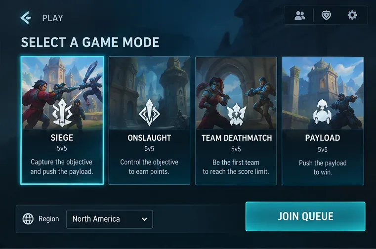 Pantalla de selección de modo de juego al estilo Paladins con un control de región en la parte inferior izquierda.