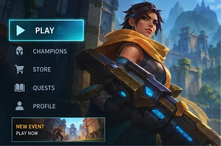 Menú principal al estilo de Paladins con la opción Jugar resaltada.