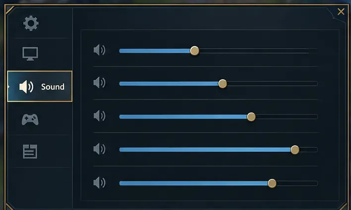 Illustrative League-style settings panel with the Sound tab selected and several audio sliders visible