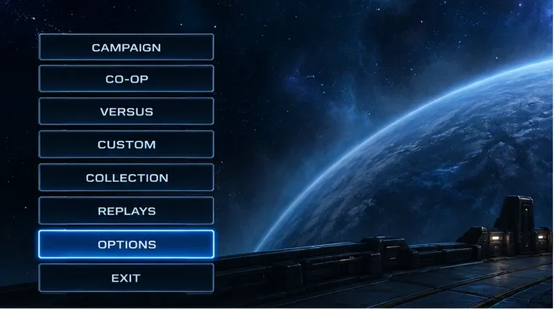 Un menu simplifié de jeu de stratégie de science-fiction, avec l'entrée Options mise en évidence.