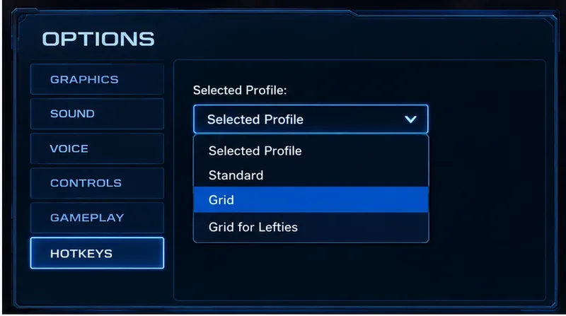 Un panneau de configuration simplifié des raccourcis clavier affiche le menu du profil sélectionné avec la grille mise en évidence.