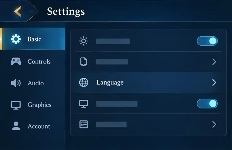 Menú de configuración ilustrativo con Básico seleccionado y una fila de Idioma visible