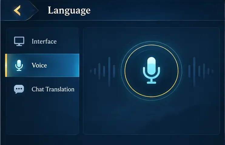 Página de idioma ilustrativa que muestra las categorías de Interfaz, Voz y Traducción de chat, con la opción Voz seleccionada.