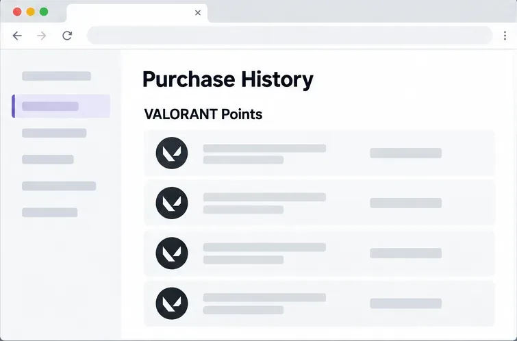 Exemple de vue de compte intitulée « Historique des achats et points VALORANT » avec des lignes de transactions génériques