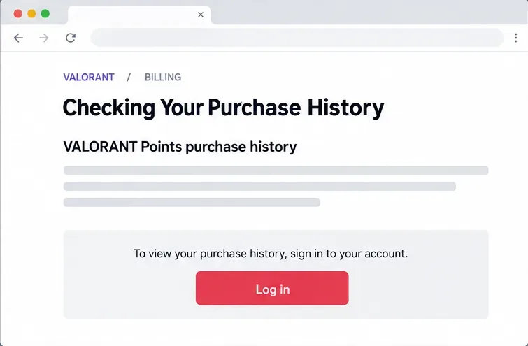 Page d'exemple « Vérification de votre historique d'achats » affichant l'historique d'achat de points VALORANT et une invite de connexion