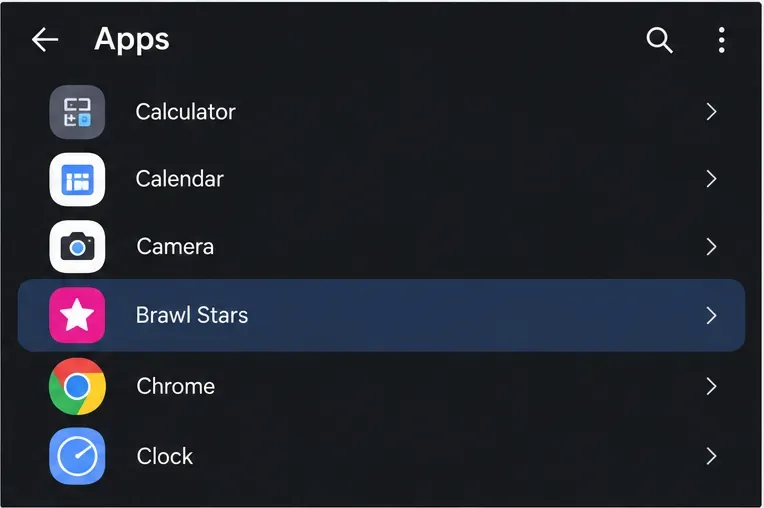 Liste d'applications à titre d'exemple, avec Brawl Stars sélectionné