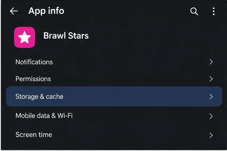 Capture d'écran d'informations de l'application Brawl Stars avec sélection du stockage et du cache
