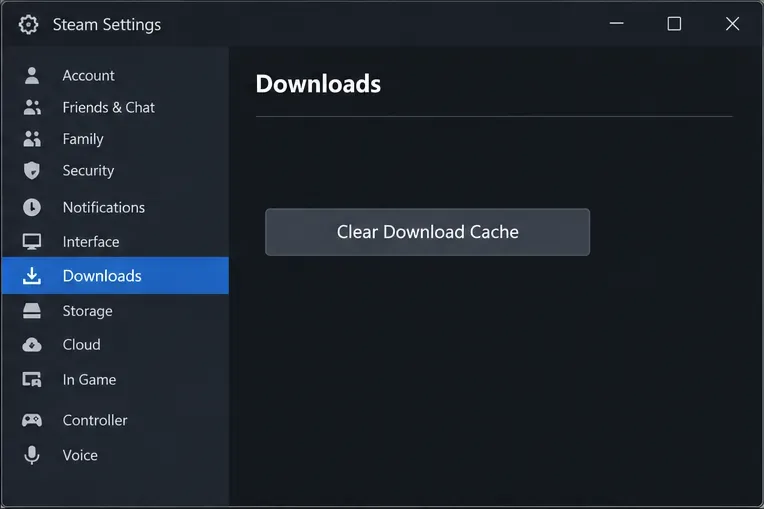 Ouvrez les paramètres Steam, accédez à Téléchargements et affichez le bouton Vider le cache de téléchargement.