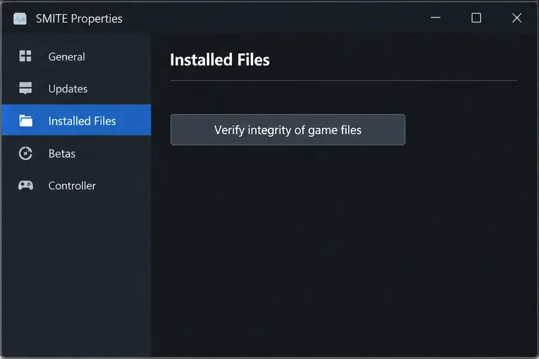 La fenêtre Propriétés de SMITE, dans l'onglet Fichiers installés, affiche l'option Vérifier l'intégrité des fichiers du jeu.