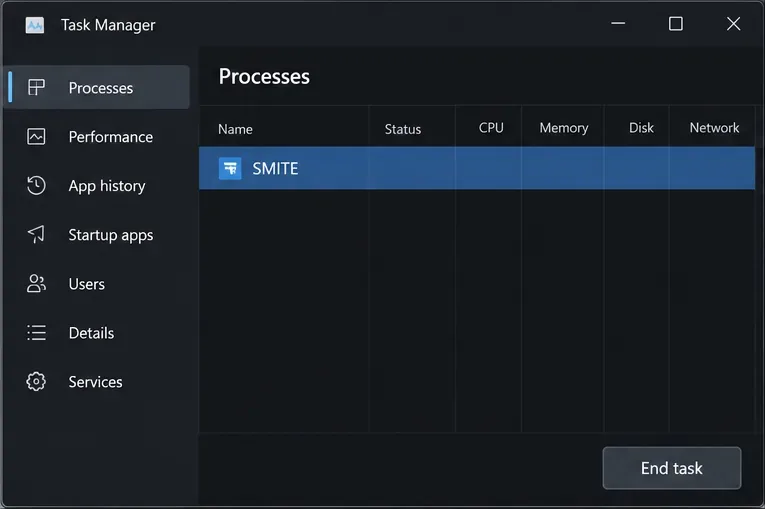 Gestionnaire des tâches Windows avec le processus SMITE sélectionné et le bouton Fin de tâche visible