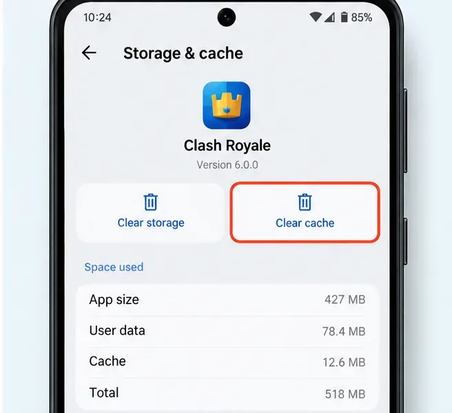 Écran de stockage et de cache Android pour Clash Royale avec le bouton « Vider le cache » mis en évidence.