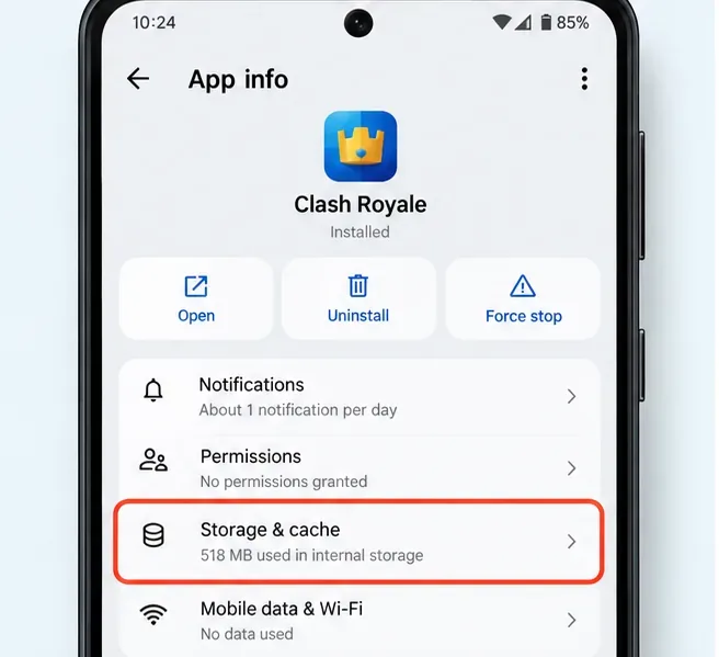 Écran d'informations de l'application Android Clash Royale avec mise en évidence du stockage et du cache.