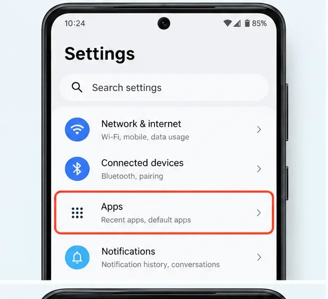 Écran des paramètres Android avec la section Applications mise en évidence pour la première étape du vidage du cache de Clash Royale.