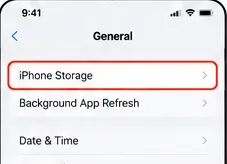 Écran des réglages généraux de l'iPhone avec l'option « Stockage iPhone » sélectionnée.