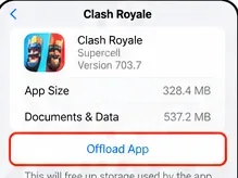 Écran de stockage de Clash Royale sur iPhone affichant les détails de contrôle et de stockage de l'application Offload.