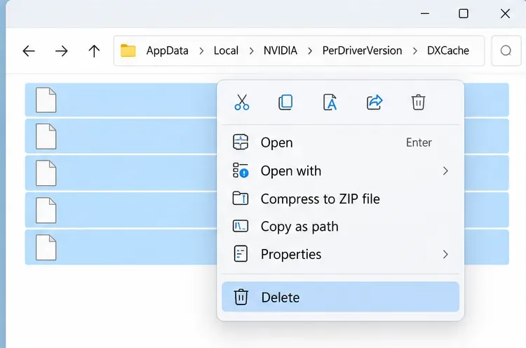 L'explorateur de fichiers affiche les fichiers sélectionnés génériques dans NVIDIA DXCache, la suppression étant mise en évidence.