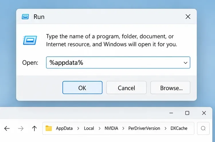 Boîte de dialogue Exécuter de Windows contenant %appdata% au-dessus d'un fil d'Ariane de l'Explorateur de fichiers se terminant par NVIDIA DXCache