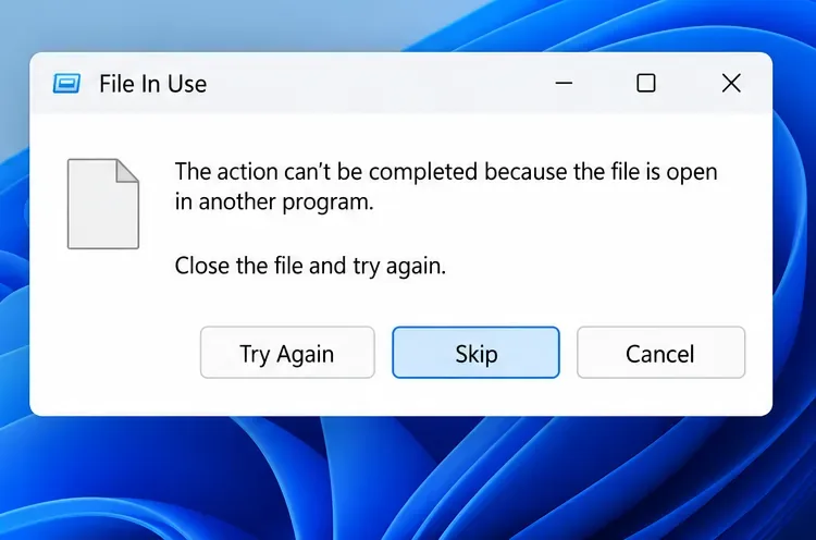 Boîte de dialogue Windows « Fichier en cours d'utilisation » avec l'option « Ignorer » sélectionnée