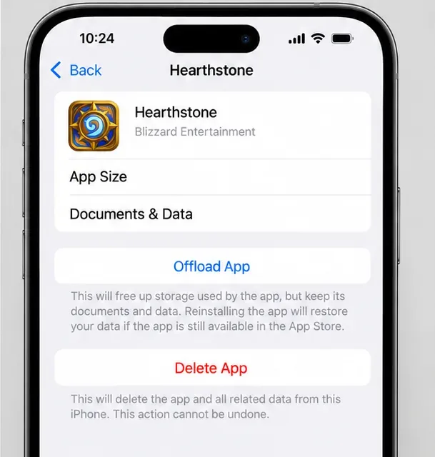 Page de stockage d'Hearthstone sur iPhone affichant les options « Décharger l'app » et « Supprimer l'app ».
