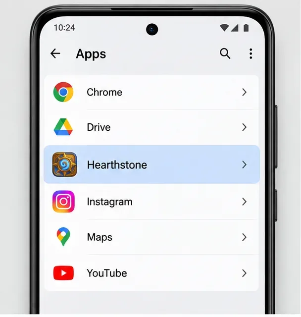 Liste des paramètres des applications Android avec Hearthstone sélectionné parmi les applications installées