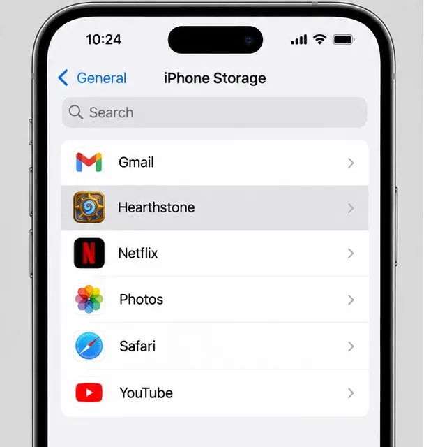 Liste des paramètres de stockage de l'iPhone avec Hearthstone sélectionné