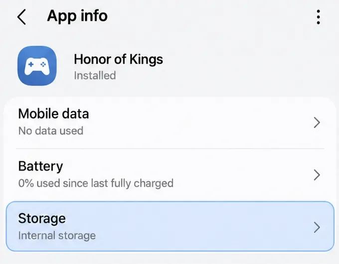 Honor of Kings App info view with the Storage row highlighted.