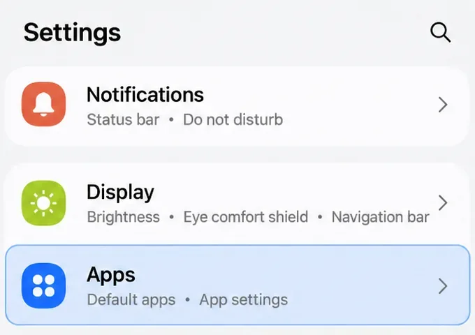 Samsung-style Settings page with Apps highlighted below Notifications and Display.