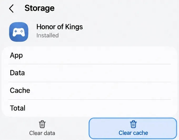 Honor of Kings Storage view with Clear cache highlighted beside Clear data.