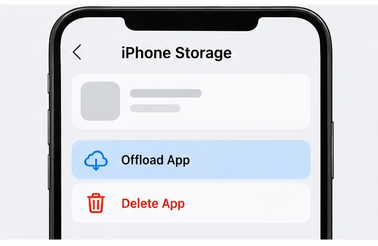 Generic iPhone Storage screen with Offload App highlighted above the separate Delete App option