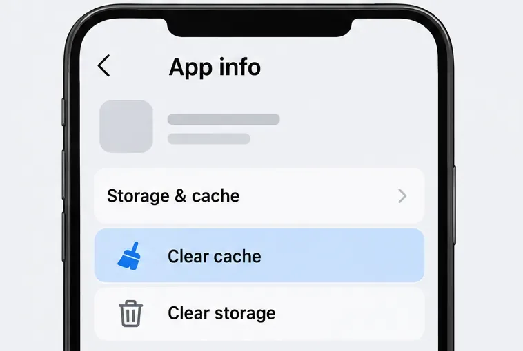 Generic Android app information screen showing separate Clear cache and Clear storage choices