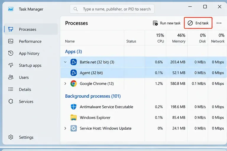Windows 11 工作管理員顯示 Battle.net 和 Agent 進程已被選中，並且「結束任務」按鈕已高亮顯示。