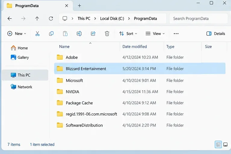開啟 Windows 檔案總管，進入 C 碟的 ProgramData 目錄，並選取 Blizzard Entertainment 資料夾。