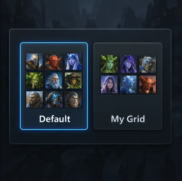 A conceptual preset chooser with separate Default and My Grid hero layout cards.