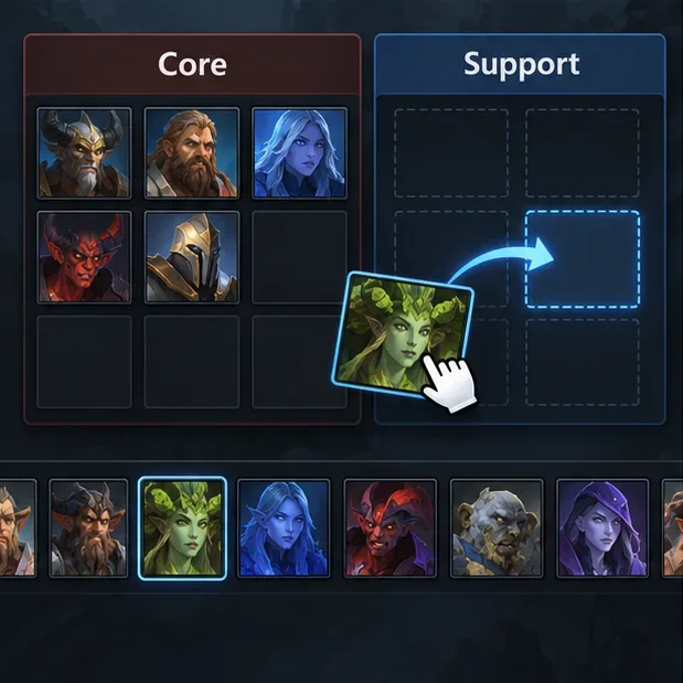 A conceptual drag-and-drop action moving a hero portrait from a roster into the Support category bucket.