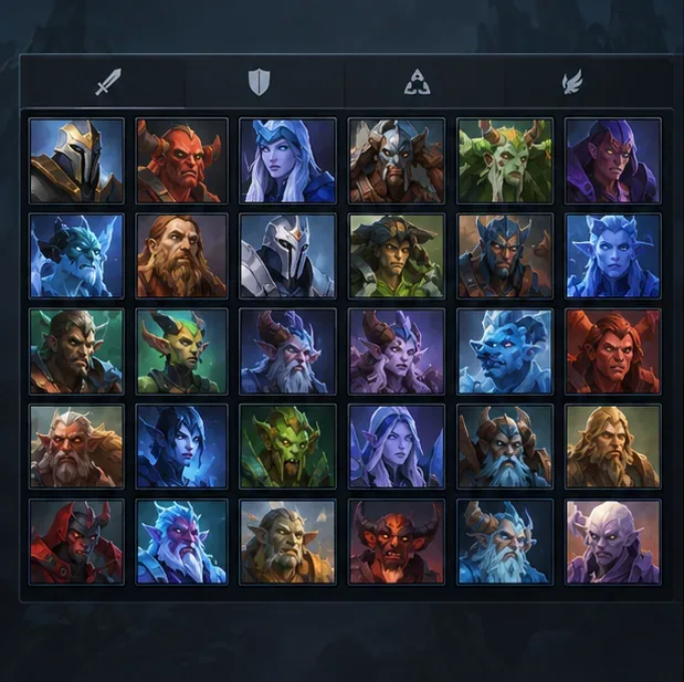 A conceptual Dota 2-style hero selection grid showing a roster of fantasy hero portraits arranged in rows.