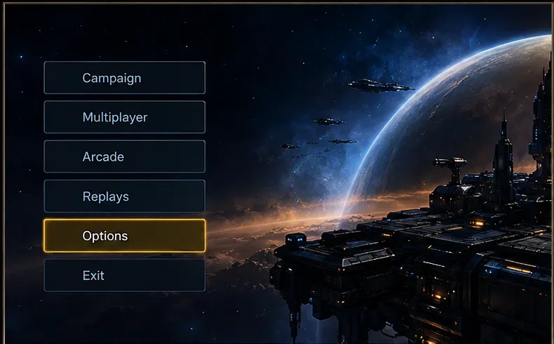 A StarCraft II style main menu with the Options button highlighted in the vertical menu.