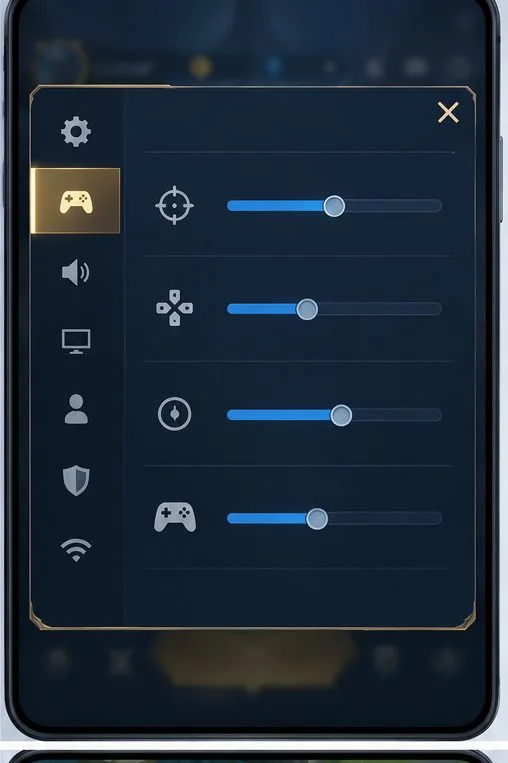A mobile game settings panel with a vertical category rail and a highlighted controls icon