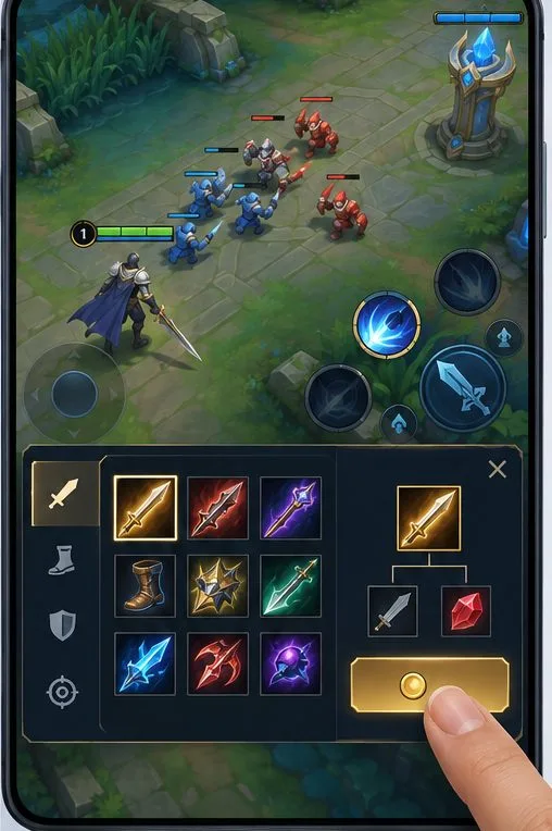 A mobile MOBA battlefield with the equipment shop open and a finger selecting an item for manual purchase
