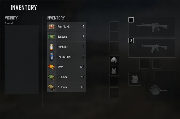 Pantalla de inventario al estilo PUBG que muestra listas de objetos y ranuras de equipamiento sin un modelo de personaje completo en el centro.