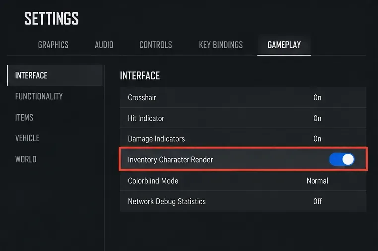 Vista detallada de la configuración de renderizado de personajes del inventario resaltada dentro de la configuración de juego estilo PUBG.