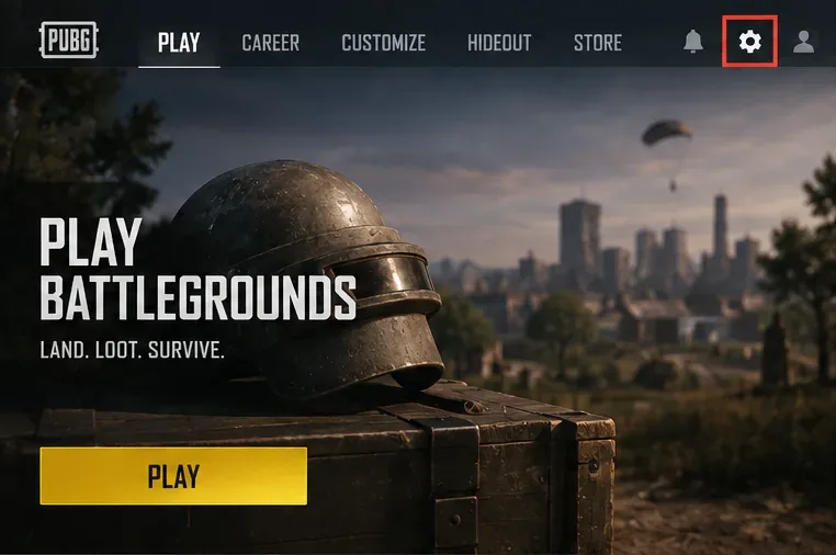 Pantalla de inicio al estilo PUBG con el icono de configuración resaltado en la esquina superior derecha.