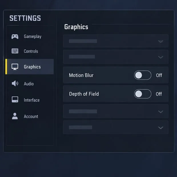 La página de configuración de gráficos muestra que tanto el desenfoque de movimiento como la profundidad de campo están desactivados.