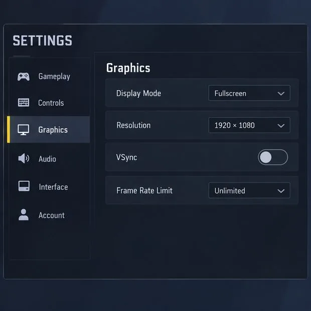 Un panel de configuración de juego oscuro con la opción Gráficos seleccionada en la lista de categorías del lado izquierdo.