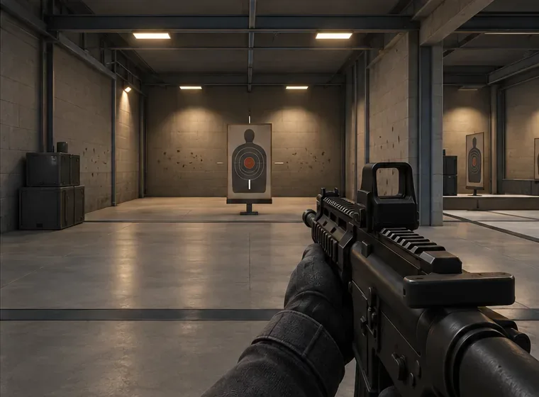 A first-person practice range view with a crosshair aimed at a stationary target